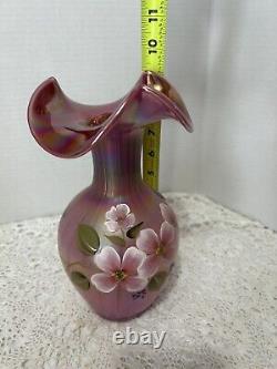 RARE Fenton Raspberry Plum Carnival Opalescent Iridescent Ruffled Glass Vase 9