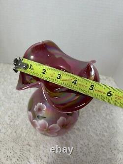 RARE Fenton Raspberry Plum Carnival Opalescent Iridescent Ruffled Glass Vase 9