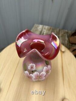 RARE Fenton Raspberry Plum Carnival Opalescent Iridescent Ruffled Glass Vase 9