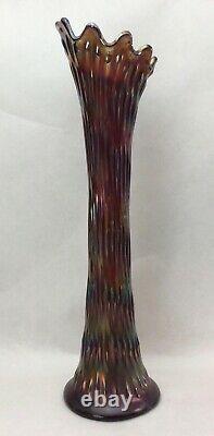 RARE Fenton Ribbed Vase Amethyst Iridescent Carnival Glass Tall 15.5