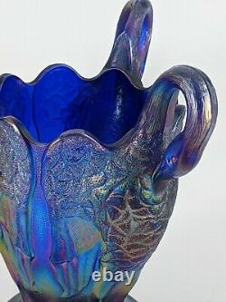 RARE? Imperial Glass Vintage Carnival Vase BLUE 3 SWANS? Iridescent L? K