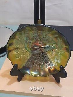 RARE Millersburg Trout and Fly Green Iridescent Carnival Glass Bowl 8.5