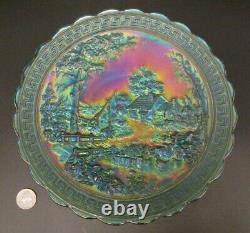 RARE Signed NUART HOMESTEAD IMPERIAL Carnival Glass Green Iridescent 10 Plate