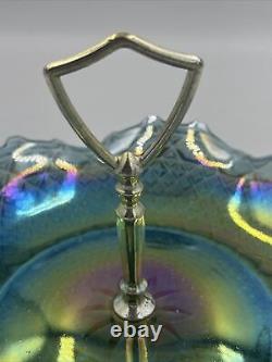 RARE VTG 10 BLUE IRIDESCENT CARNIVAL GLASS RUFFLE EDGE CANDY DISH With GOLD KNOB