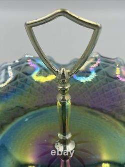 RARE VTG 10 BLUE IRIDESCENT CARNIVAL GLASS RUFFLE EDGE CANDY DISH With GOLD KNOB