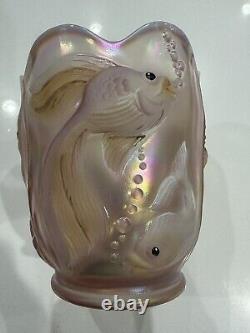 RARE VTG Fenton Opalescent Pink Carnival Glass Atlantis Koi Goldfish Vase Signed