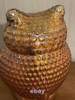RARE Vintage Amber Iridescent Carnival Glass Large Owl Glass Figure Clear Base