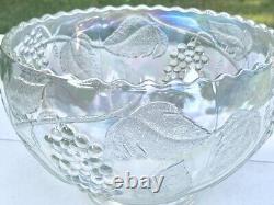 RARE Vintage LE Smith Iridescent Glass Punch Bowl Grapes Leaves Serving Party