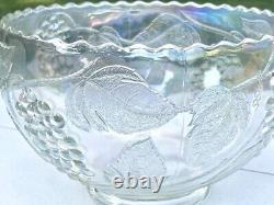 RARE Vintage LE Smith Iridescent Glass Punch Bowl Grapes Leaves Serving Party