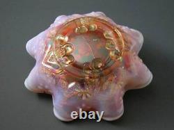 Rare 8 Ruffle Dugan Cherry Jewelled Heart Peach Opalescent Bowl Carnival Glass