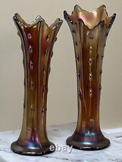 Rare Beautiful Pair Iridescent Carnival Glass Vases 10 5/8