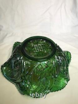 Rare Carnival Glass Millersburg Whirling Leaves Green Luster Ruffle 9 Bowl
