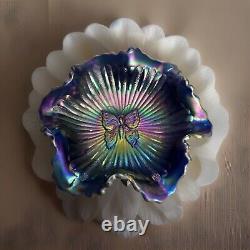 Rare Fenton Cobalt Blue Carnival Leaf Glass Butterfly Glass Bon Bon Footed Bowl