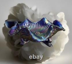 Rare Fenton Cobalt Blue Carnival Leaf Glass Butterfly Glass Bon Bon Footed Bowl