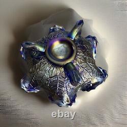 Rare Fenton Cobalt Blue Carnival Leaf Glass Butterfly Glass Bon Bon Footed Bowl