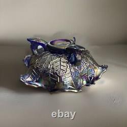 Rare Fenton Cobalt Blue Carnival Leaf Glass Butterfly Glass Bon Bon Footed Bowl