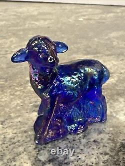 Rare Fenton Electric Blue Lamb Sheep Iridescent Figurine Carnival Undecorated