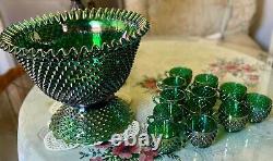 Rare Fenton Hobnail Punch Bowl Set/ GREEN IRIDESCENT CARNIVAL HOBNAIL & 12 CUPS