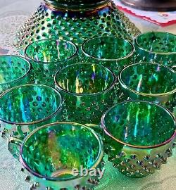 Rare Fenton Hobnail Punch Bowl Set/ GREEN IRIDESCENT CARNIVAL HOBNAIL & 12 CUPS