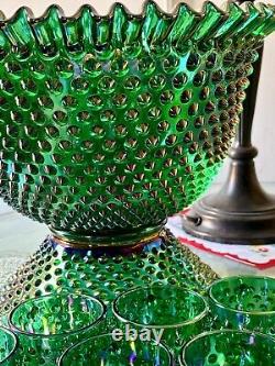 Rare Fenton Hobnail Punch Bowl Set/ GREEN IRIDESCENT CARNIVAL HOBNAIL & 12 CUPS