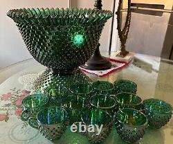 Rare Fenton Hobnail Punch Bowl Set/ GREEN IRIDESCENT CARNIVAL HOBNAIL & 12 CUPS