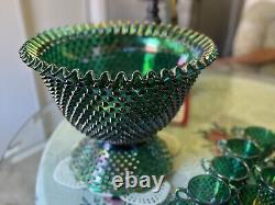 Rare Fenton Hobnail Punch Bowl Set/ GREEN IRIDESCENT CARNIVAL HOBNAIL & 12 CUPS