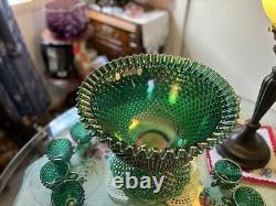 Rare Fenton Hobnail Punch Bowl Set/ GREEN IRIDESCENT CARNIVAL HOBNAIL & 12 CUPS