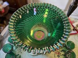 Rare Fenton Hobnail Punch Bowl Set/ GREEN IRIDESCENT CARNIVAL HOBNAIL & 12 CUPS