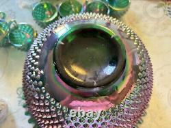 Rare Fenton Hobnail Punch Bowl Set/ GREEN IRIDESCENT CARNIVAL HOBNAIL & 12 CUPS