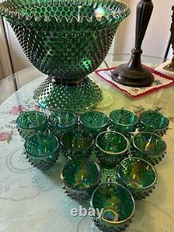 Rare Fenton Hobnail Punch Bowl Set/ GREEN IRIDESCENT CARNIVAL HOBNAIL & 12 CUPS