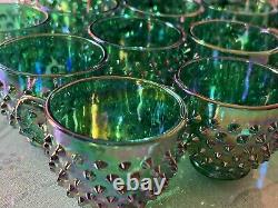 Rare Fenton Hobnail Punch Bowl Set/ GREEN IRIDESCENT CARNIVAL HOBNAIL & 12 CUPS