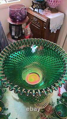 Rare Fenton Hobnail Punch Bowl Set/ GREEN IRIDESCENT CARNIVAL HOBNAIL & 12 CUPS