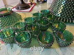 Rare Fenton Hobnail Punch Bowl Set/ GREEN IRIDESCENT CARNIVAL HOBNAIL & 12 CUPS