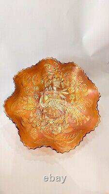 Rare Fenton Peacock Urn Carnival Glass Marigold withamber Tips Bowl Beaded Berry