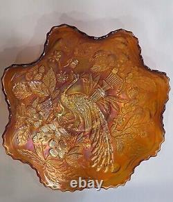 Rare Fenton Peacock Urn Carnival Glass Marigold withamber Tips Bowl Beaded Berry