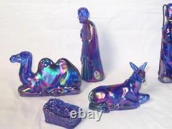 Rare Fenton Purple Iridescent Cobalt Carnival Glass 11 Pc Nativity Figurine Set