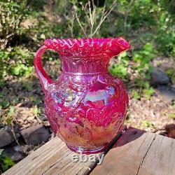 Rare Fenton Red Carnival Glass Iridescent Cherry Pattern Pitcher 9 Inches Tall
