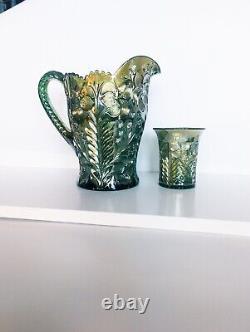 Rare Imperial Green Carnival Glass Tiger Lily Pattern 2 Pc Water Set Excellent