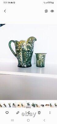 Rare Imperial Green Carnival Glass Tiger Lily Pattern 2 Pc Water Set Excellent