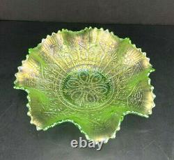 Rare Northwood Green Iridescent Carnival Glass Hearts And Flowers Ruffled Bowl