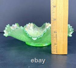 Rare Northwood Green Iridescent Carnival Glass Hearts And Flowers Ruffled Bowl