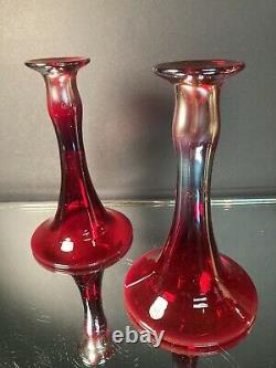 Rare Pair Dugan Diamond Glass Ruby Red Royal Luster Candlesticks Carnival Glass