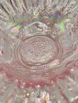Rare Pink Iridescent Carnival Glass Footed Dish, Grape Harvest Design, Unmarked