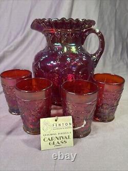 Rare Red Carnival Glass Iridescent Cherry Pattern Pitcher 9 Inches Tall With4glass