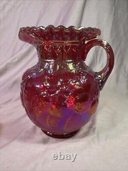 Rare Red Carnival Glass Iridescent Cherry Pattern Pitcher 9 Inches Tall With4glass