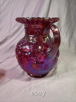 Rare Red Carnival Glass Iridescent Cherry Pattern Pitcher 9 Inches Tall With4glass