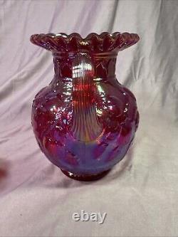 Rare Red Carnival Glass Iridescent Cherry Pattern Pitcher 9 Inches Tall With4glass