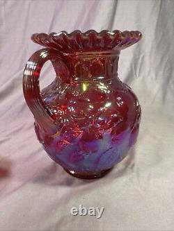 Rare Red Carnival Glass Iridescent Cherry Pattern Pitcher 9 Inches Tall With4glass