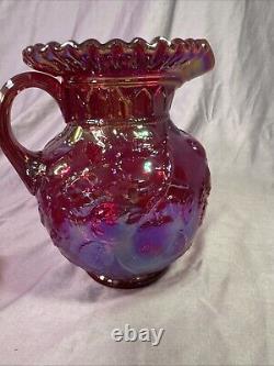 Rare Red Carnival Glass Iridescent Cherry Pattern Pitcher 9 Inches Tall With4glass