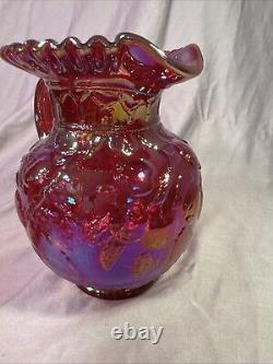 Rare Red Carnival Glass Iridescent Cherry Pattern Pitcher 9 Inches Tall With4glass